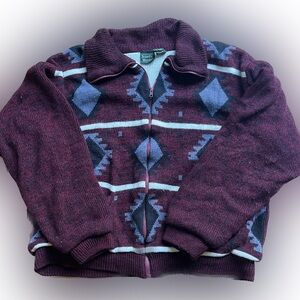 Scandia Woods Vintage Thermal Lined Zip Up Burgundy Aztec Mens Sweater Size XL